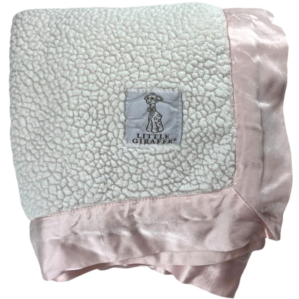 Little Giraffe White Sherpa Baby Blanket Light PInk Satin Trim Security Lovey